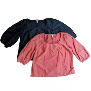 Set Of 2 Ava & Viv 1X Puff Sleeve Relaxed Fit Scoop Neck Shirts Black & Coral - Picture 1 of 11