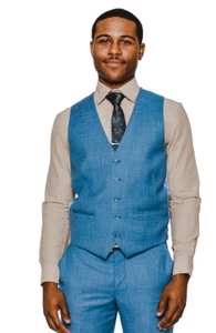 Slim Fit Men's Dress Vest Blue Windowpane Plaid V Neck 5 Buttons 16308 AZARMAN - Picture 1 of 4