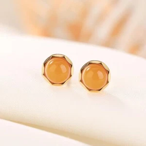 Natural Small Amber Stud Earrings 14k Yellow gold-Plate 925 Silver - Picture 1 of 5