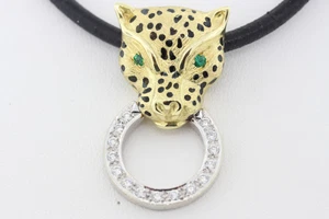 18k Yellow/White Gold Diamond Emerald & Enamel Leopard Pendant Leather Necklace - Picture 1 of 13