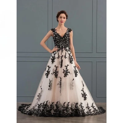 Vintage Champagne and Black V-Neck Wedding Dresses Court Train Tulle Elegant - Image 1 of 4