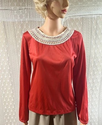 Vtg 60s Blouse Shirt Crochet Satin Embroidered Top Mexico Nancy Greey Size 36” - Image 1 of 4