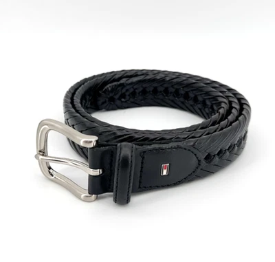 Tommy Hilfiger Braided Belt Black Leather Mens 36 Silver Tone Buckle - Image 1 of 4