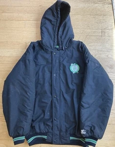 VINTAGE 90’s BOSTON CELTICS STARTER JACKET HOODED ZIPS & BUTTONS MEN’S XL BLACK - Picture 1 of 7