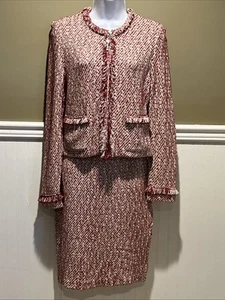 Vtg St John Knit Size 2 Skirt Suit Red & White Tweed Fringed Jacket Full Zip - Picture 1 of 22