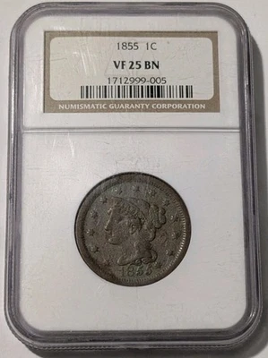 1855-P Philadelphia Braided Hair Large Cent NGC VF25 Very Fine - Image 1 of 3