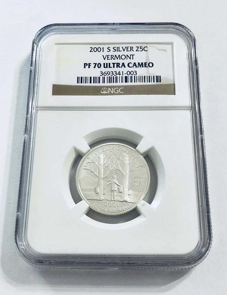 2001 S Silver 25C VERMONT State Quarter NGC PF70 ULTRA CAMEO Brown Label - Image 1 of 2