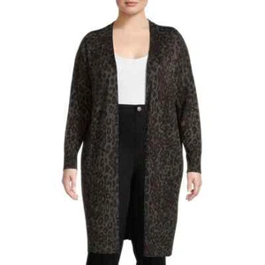 Terra & Sky Cardigan Womens Plus Size 1X Leopard Open Front Duster Rib Knit Soft - Picture 1 of 10