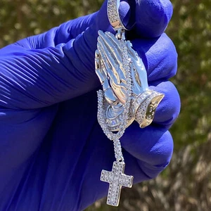 925 Sterling Silver Iced CZ Pendant Pray Praying Hands w/Dangling Rosary Cross - Picture 1 of 12