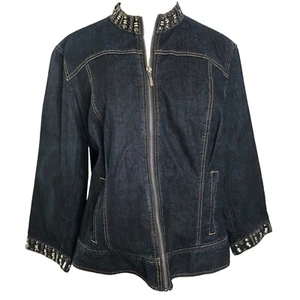 Ruby Rd Denim Jacket Womens 14 Blue Silver Beaded Zip Front Stretch Cotton New - Picture 1 of 9