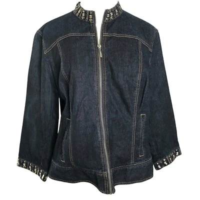Ruby Rd Denim Jacket Womens 14 Blue Silver Beaded Zip Front Stretch Cotton New - Image 1 of 4