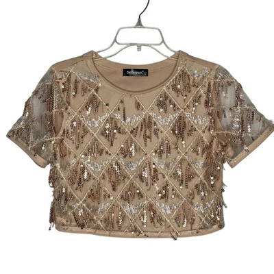 Top corto Allegra K para mujer lentejuelas flecos fiesta glamour NYE brillante baile swiftie Foto 1 de 4
