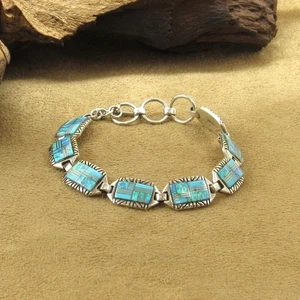 Bracciale Vintage Argento Sterling Creato in Laboratorio Opale Blu Turchese Intarsiato Link - Foto 1 di 6