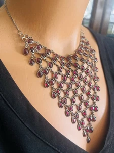 Sexy Vintage 925 Sterling Silver Bezel Set Garnets Link Bib Choker Necklace - Picture 1 of 5