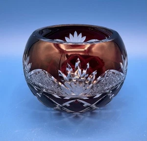 Vintage Bohemian Ruby Red Glass Cut-to-Clear 3.5" W Bowl - Diamond & Fan - Picture 1 of 4