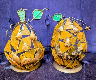 Vitrais com fio gaiola em forma de abóbora lanterna suporte para luz de chá conjunto de 2 - Imagem 1 de 4