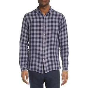 NWT Oliver Spencer Mens Clerkenwell Tab Linen LS Shirt Size 16 Indigo Blue Plaid - Picture 1 of 10