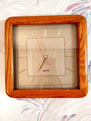 Vintage Square Brown Solid Oak Wood Case Glass Quartz Wall Clock Japan Movement Cover