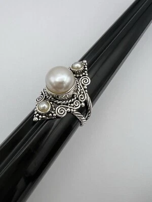 CFJ Floral Design Sterling Silver Pearl Ring Size 7.5 - Image 1 of 4