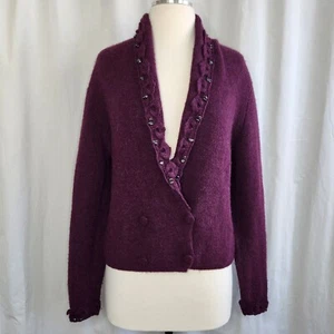 Peruvian Connection M 100% Alpaca Cardigan Sweater Purple Embellished Women's - Picture 1 of 8