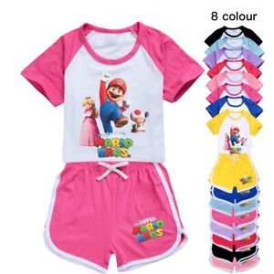 Kids Super Mario Bros Princess Peach Toad Boy Girl T-shirt Short Top +Pants Set