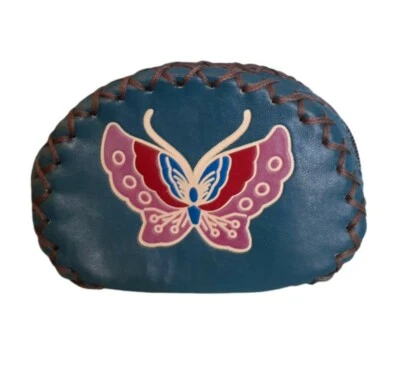 Monedero vintage de cuero con cremallera flor mariposa verde azulado  Foto 1 de 4