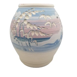 Vintage Beach House Pottery Vase Signed Ocean Carved Pink Blue Sunset Sunrise - Picture 1 of 11