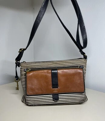 Fossil Classic Striped Corduroy Leather  Shoulder Crossbody Purse Bag Vintage - Image 1 of 4