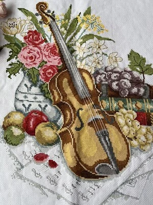 completed finished cross stitch Guitar&Flowers Decorate Gift 21''x 28'' Unframed - Image 1 of 4