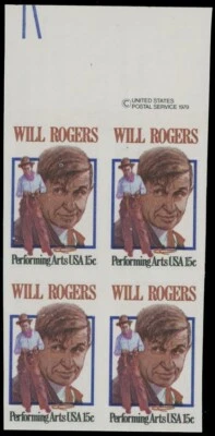1979, USA WILL ROGERS, ACTOR, 15C, TOP MARGIN IMPERF BLOCK OF 4, NH, SC.#1801a - Image 1 of 2