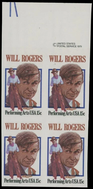 1979, USA WILL ROGERS, ACTOR, 15C, TOP MARGIN IMPERF BLOCK OF 4, NH, SC.#1801a - Image 1 of 2