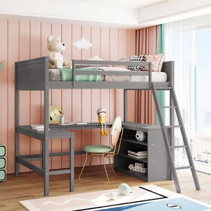 Modern Full size Loft Bed Frame With Desk +Storage Shelves Bookcase Wooden Gray - Picture 1 of 9