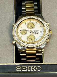 Seiko Watch World Time Sports 150 White Dial Two Tone Quartz 5T52 6A50 Vintage - Picture 1 of 24