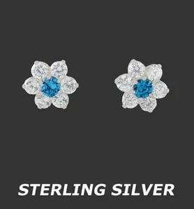 LAB BLUE ZIRCON & WHITE SAPPHIRES STUD EARRING .925 Silver -NWT- Screw Back - Picture 1 of 4