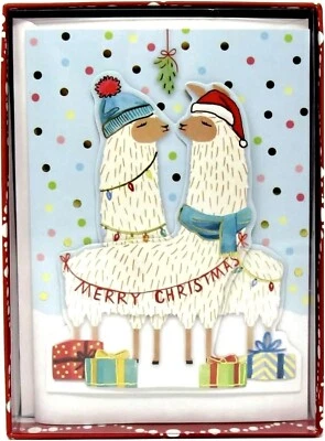 Llamas Kissing Under Mistletoe Merry Christmas Box of 15 Embellished Cards New - Image 1 of 4