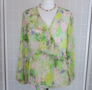 Quiz Wrap Blouse Size 12 Green Pink Floral Crinkle Chiffon Ruffle Balloon Sleeve - Picture 1 of 15
