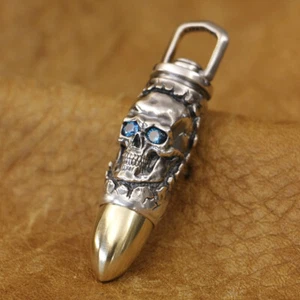 Blue CZ Eyes 925 Sterling Silver Hollow Skull Pendant Biker Jewelry TA472C - Picture 1 of 12