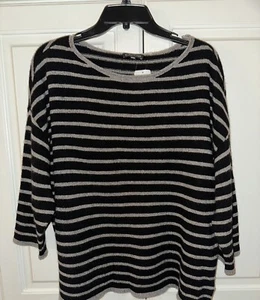 NWT L Eileen Fisher Black & Ash Gray Striped Sweater with 3/4 Sleeves - Picture 1 of 2