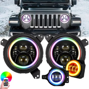 RGB 9'' Halo LED Headlights Fog Light Combo Fit Jeep Wrangler JL Gladiator 18-23 - Foto 1 di 19