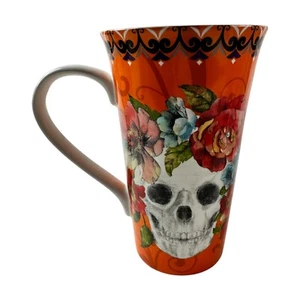 222 Fifth Marbella Skull Floral Orange Tall 16 Oz Coffee Mug Halloween Ceramic - Picture 1 of 5