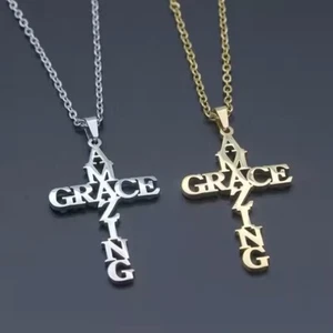 Stainless Steel Amazing Grace Cross Necklace & Earrings- Christian, Jesus, God - Picture 1 of 24