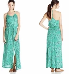 ROXY Maxi Dress Womens Medium Green Casino Point Strap Racerback Button Up - Picture 1 of 14