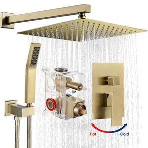Rainfall Shower System 12 Inch Shower Head Shower Trim Kit Valve Included Gold - Picture 1 of 16