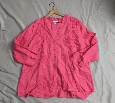 Túnica Charter Club Top Mujer Talla 22W Rosa Lino Floral Abotonada Manga 3/4 Foto 1 de 4