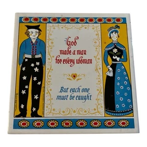VTG 1960's Berggren Trayner ‘God Made Man’ Tile Trivet Swedish Folk Art 6” - Picture 1 of 5