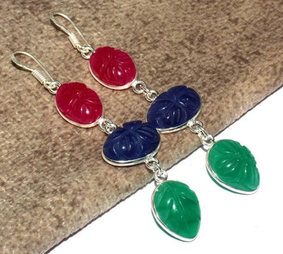 Pendientes Tallados Rosa y Azul Hoja de Calcedonia Verde Ónix Piedras Preciosas 3" MJ Foto 1 de 3