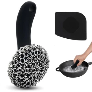 Cast Iron Scrubber with Long Handle | 316 Cast Iron Cleaner Chainmail Scrubbe... - Picture 1 of 6