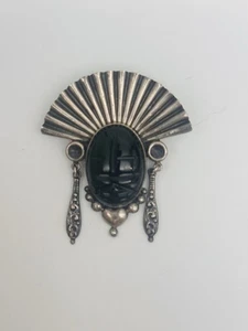 Taxco Mexico Sterling Silver 925 Mayan Mask Black Onyx Stone Brooch Pin READ - Picture 1 of 4