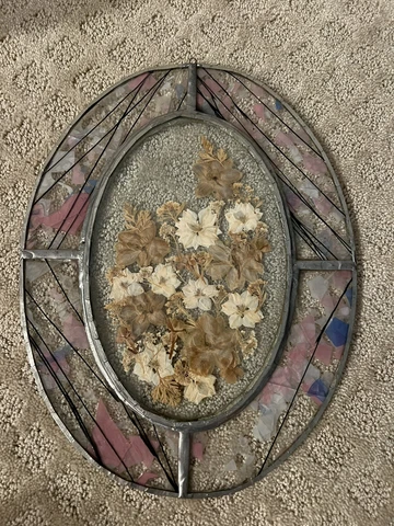 Vintage Dried Pressed Flowers In Pewter Stained Glass Oval Wall Hanging 13 X 9 Cover