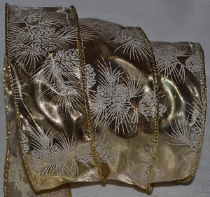 Wired Ribbon~Christmas Gold~White Pinecone~Sparkle Pine~Holiday~2"~Gift~Bow - Picture 1 of 1